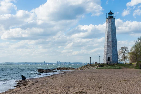 New England maják v Lighthouse Point Park v New Havenu Con — Stock fotografie