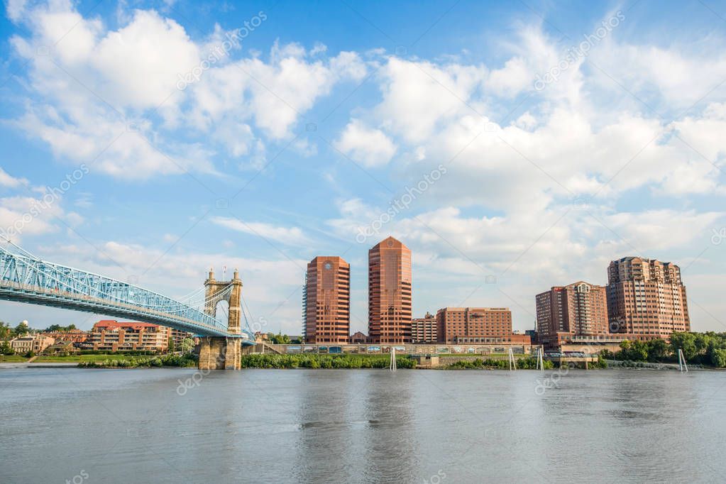 Smale Riverfront Park in Cincinnati, Ohio next to the John A Roebling Suspension Bridge