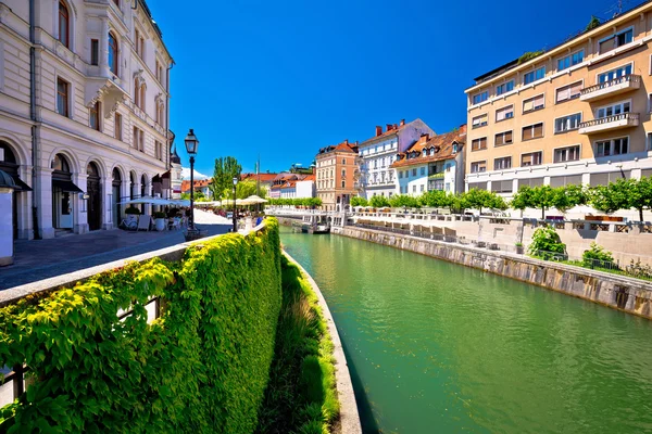 Frente ao rio Ljubljanica verde em Liubliana — Fotografia de Stock