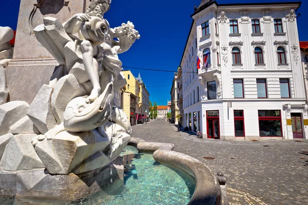 Ljubljana fyrkantig fontän och Gatuvy — Stockfoto