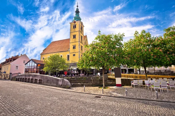 Staden av Samobor kyrkan och squre Visa — Stockfoto