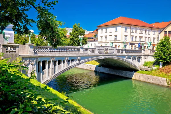 Dragon bridge en uitzicht op de rivier Ljubljanica — Stockfoto