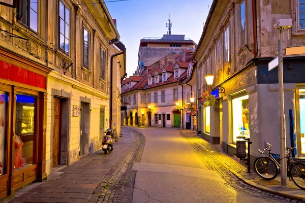 Old Ljubljana paisagem urbana calçada rua vista à noite — Fotografia de Stock