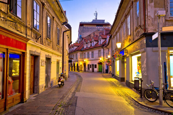 Old Ljubljana cityscape cobbled street evening view, capital of Slovenia