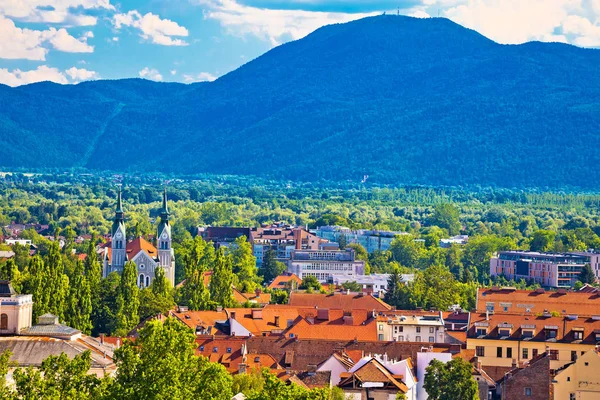 Ljubljana yeşil şehir ve dağ görünümü arka plan — Stok fotoğraf