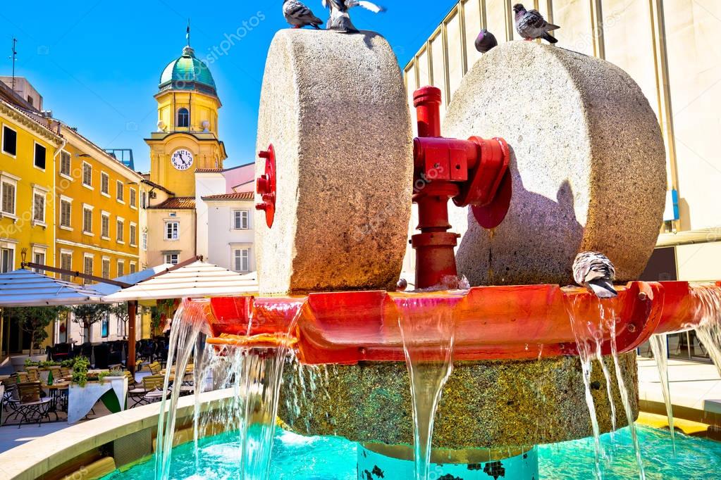 Rijeka square and fountain view with clock tower gate
