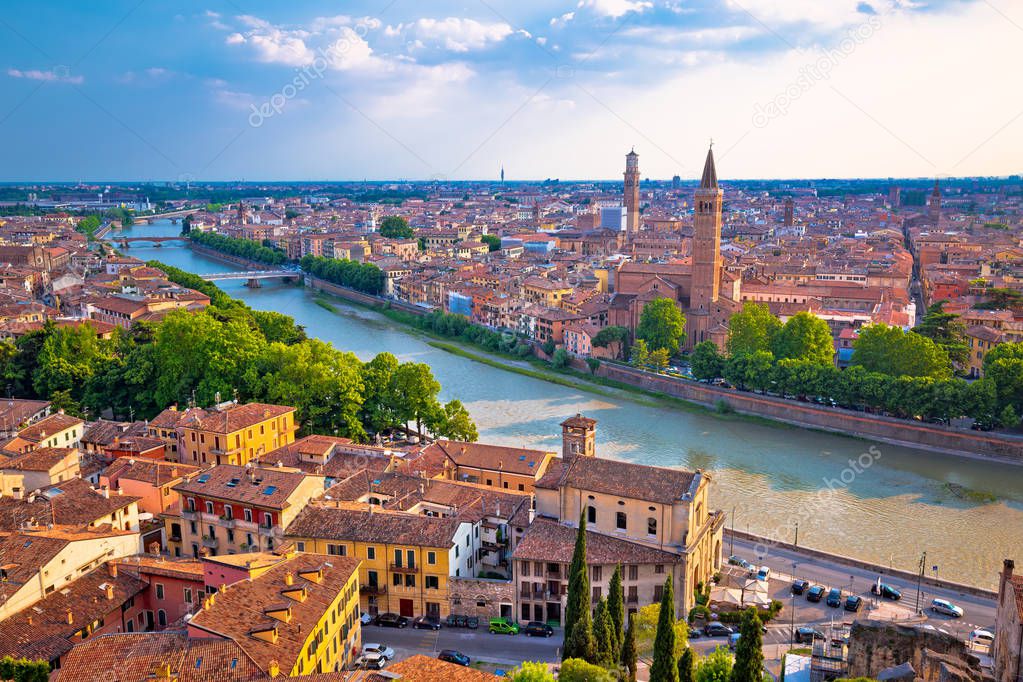 Ciy of Verona and Adige river aerial view