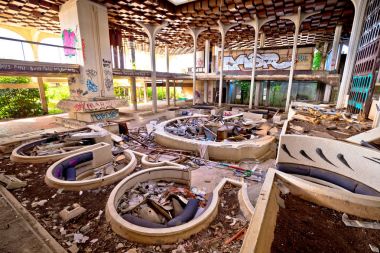 Abandoned and destructed luxury hotel interior clipart