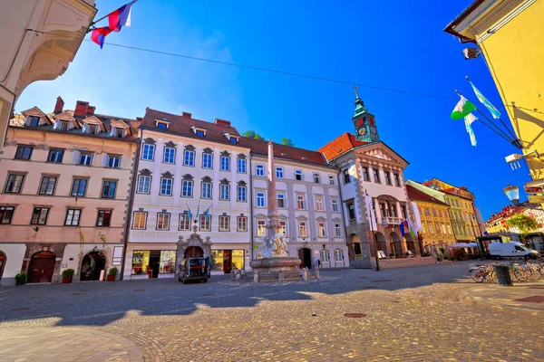 Ljubljana old town cobbled street and city hall view — Stock Photo, Image