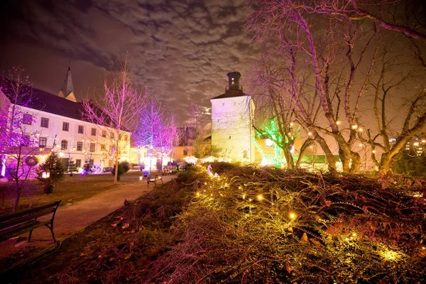 萨格勒布镇上的圣诞市场晚上视图 — 图库照片