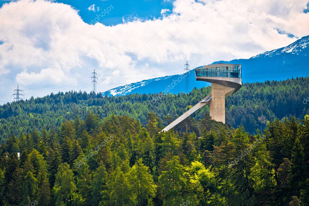 Alpine hills of Insbruck and olympic ski jump tower view