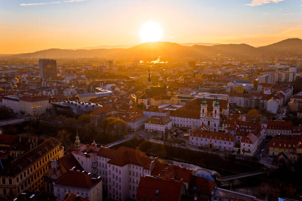 Graz city center aerial sunset view, Styria region of Austria