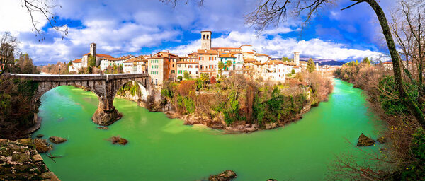 Cividale del Friuli devil's bridge and Natisone river canyon pan