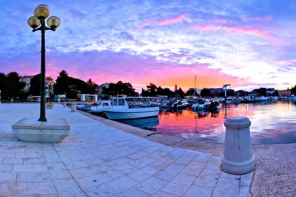 Porec városa reggel sunrise panorámát pier — Stock Fotó