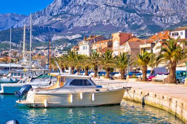 Renkli Makarska tekneler ve Biokovo Dağı altında waterfront VI