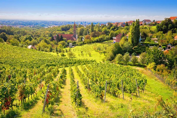 Zagreb grüne Zone. Kirche und Weinberg auf grünem Hügel über Kroaten — Stockfoto