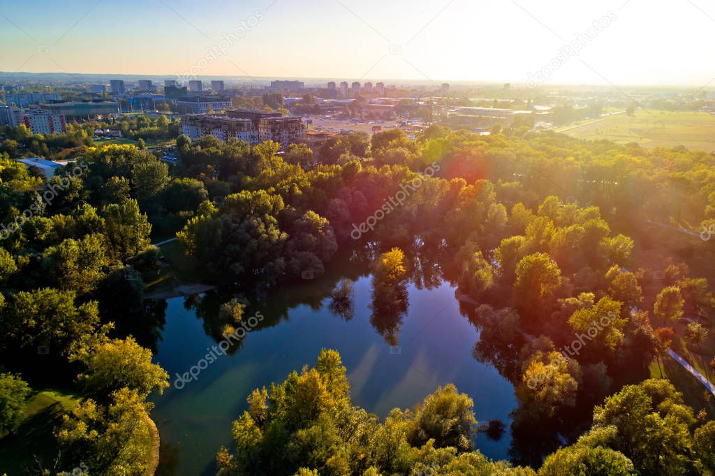 Bundek lake and city of Zagreb aerial autumn view