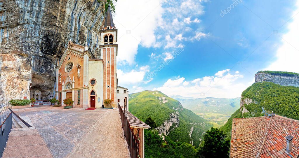 Madonna della Corona church on the rock panoramic view, sanctuary in Trentino Alto Adige region of Ital