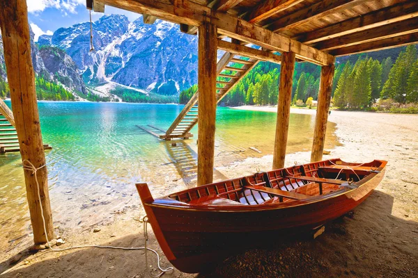 Wooden Boat Boats House Braies Lake Alpine Landscape South Tyrol — Stock Photo, Image