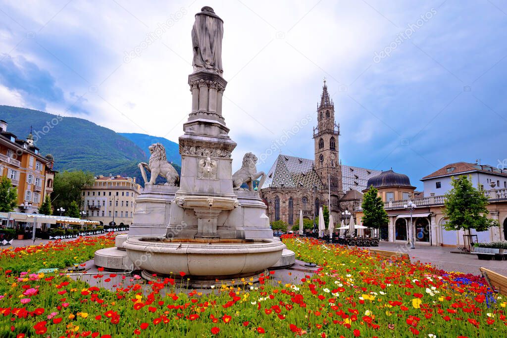 Bolzano main square Waltherplatz flowers and archiecture view, South Tyrol region of Ital