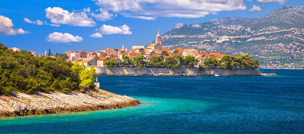 Historic town of Korcula archipelago panoramic view, island in archipelago of southern Croati