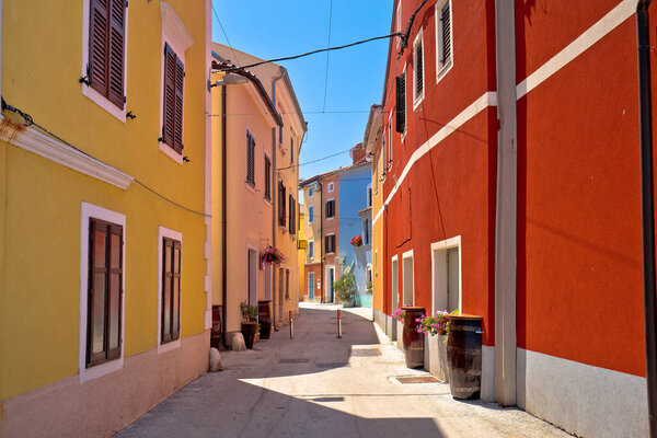 Idyllic colorful mediterranean street of Novigrad Istarski, town in archipelago of Istria, Croati