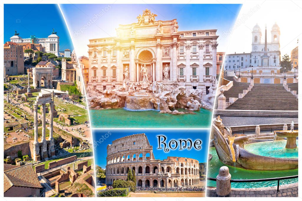 Rome postcard. Eternal city of Rome famous landmarks tourist postcard view, with city name label. Capital of Italy.