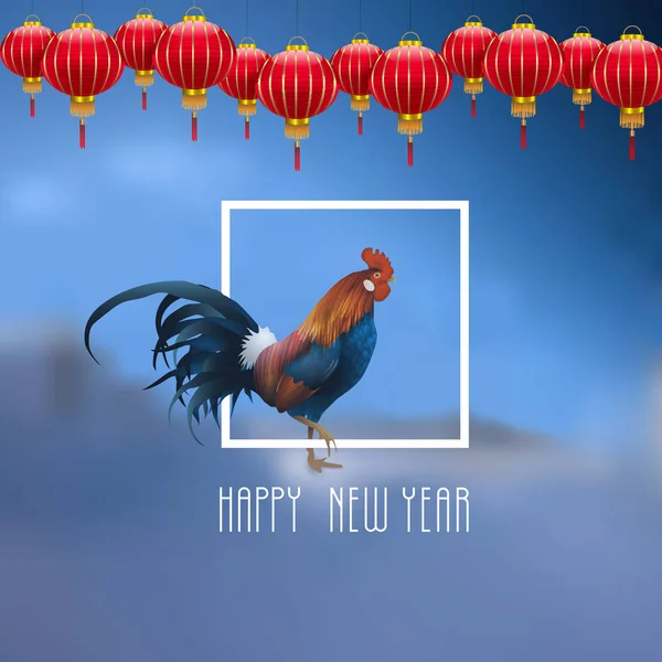 Coq - symbole de 2017 avec des lanternes chinoises traditionnelles — Image vectorielle