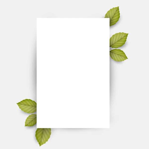 Leeres weißes Blatt Papier und grüne frische Frühlingsblätter — Stockvektor