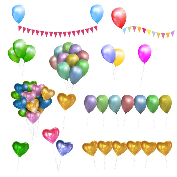 Vector uppsättning färg glänsande ballonger, hjärtan och bunting flaggor — Stock vektor