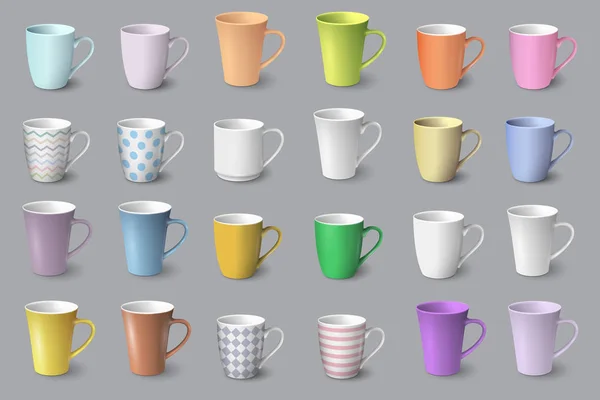 Illustration Vectorielle Conception Grand Ensemble Tasses Blanches Colorées Réalistes — Image vectorielle