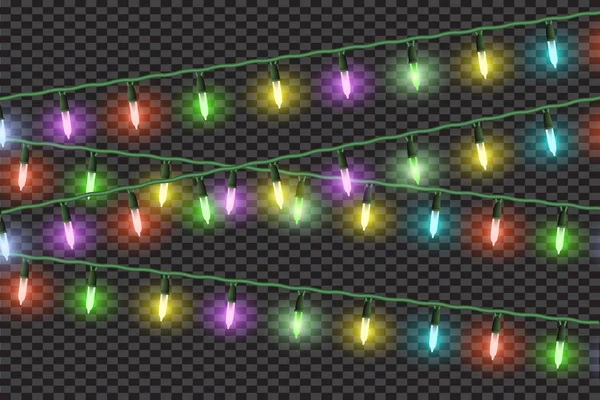 Noel ışıkları etkileri, çelenk. Vektör tasarım öğeleri izole süslemeleri. Parlayan ışıklar tatil tebrik kartı tasarımı için. Noel gerçekçi parlak garland 