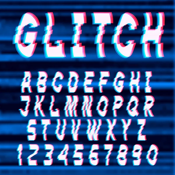 Glitch Distorted Font Letters Numbers Vector Set Broken Pixel Effect — Stock Vector