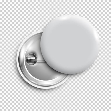 White 3d blank badge, round button, pin button isolated. Vector template, vector realistic illustration, mockup clipart
