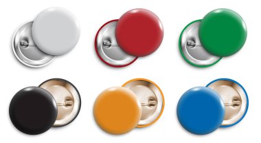 Renk 3d boş rozetleri seti, düğmeleri yuvarlak, izole düğmeleri pin. Vektör şablon, vektör gerçekçi çizim, mockup