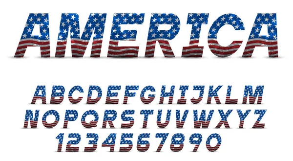 Font Con Bandiera Usa Grange Texture Lettere Alfabetiche Numeri Set — Vettoriale Stock