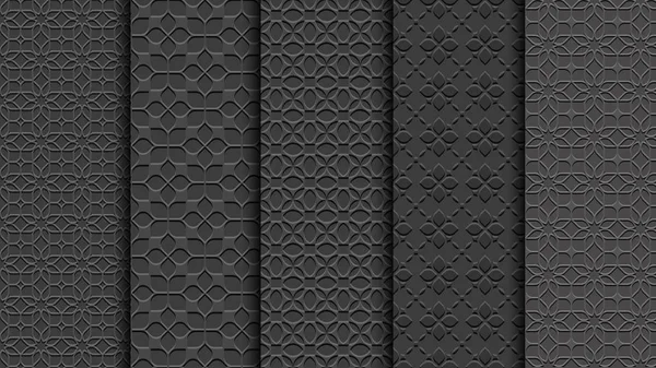 Negro patrones florales sin costura, estilo tallado, conjunto — Vector de stock