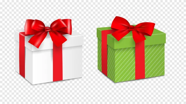 Beyaz hediye kutusu ve üzerinde kırmızı kurdele olan yeşil hediye kutusu. — Stok Vektör