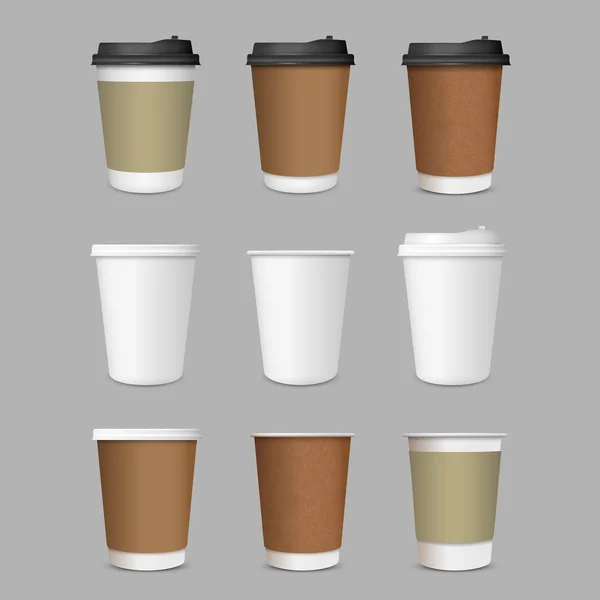 Papierowe kubki kawy, zestaw wektor realistyczny styl 3d — Wektor stockowy