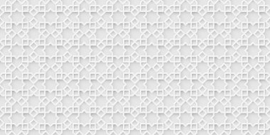 Beyaz İslami arka plan, açık Arap deseni. Arap duvar kağıdı. Geometrik süsleme 3d tarzı vektör. Doku geleneksel motifi