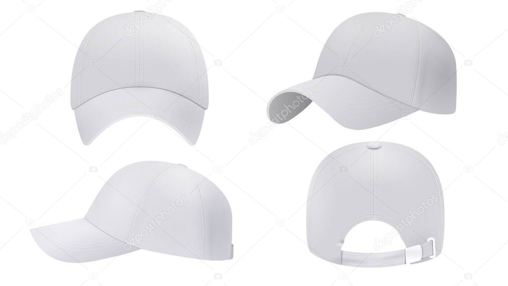 White cap Mockup, realistic style. Hat blank template, baseball caps, vector illustration set. Collection of modern realistic fashion accessories,headgear,headwear, headdress