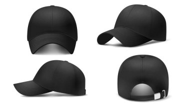 Siyah şapkalı Mockup, gerçekçi 3D. Şapka boş şablon, beyzbol şapkaları, vektör illüstrasyon seti. Modern gerçekçi aksesuar koleksiyonu, başlık, başlık, başlık