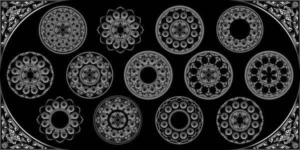 阿拉伯式曼陀罗设计 3D圆形白银形状 边沿东方装饰 模式东方元素 阿拉伯几何标识模板的向量集 Ramadan Kareem符号 — 图库矢量图片