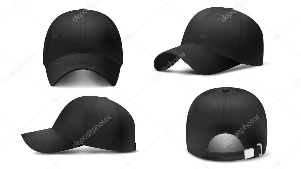 Black cap Mockup, realistic 3D. Hat blank template, baseball caps, vector illustration set. Collection of modern realistic fashion accessories,headgear,headwear, headdress