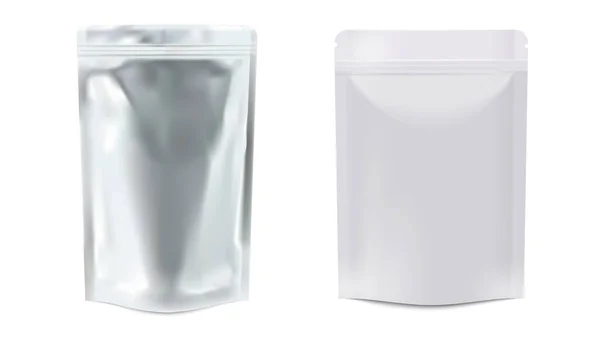 Plástico Blanco Vacío Sellado Vertical Bolsas Papel Aluminio Realistic Realistic — Vector de stock