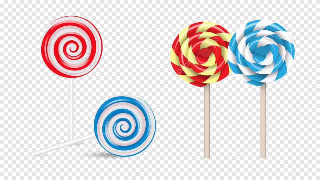 Lollipops Swirl, colored round sugar candies set,realistic style. Vector collection isolated on transparent background