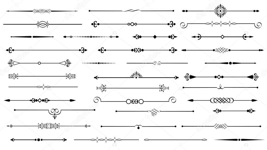 Ornamental vintage borders , royal ornament swirls page dividers, vector set. Classical decoration vector elements, black linear vector collection