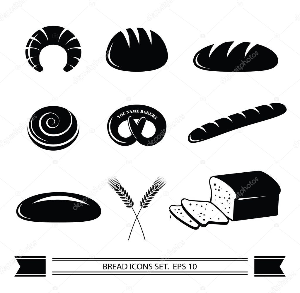 Set of black icons of various kinds of buns and bread