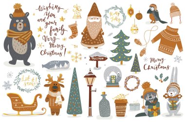 El Noel karikatür tarzı içinde ayarla çekilmiş. Sevimli hayvanlar ve diğer öğelerle birlikte komik kartı: ayı, geyik, rabit, Noel, Noel ağacı, yazı.