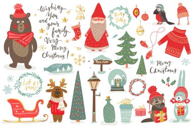 El Noel karikatür tarzı içinde ayarla çekilmiş. Sevimli hayvanlar ve diğer öğelerle birlikte komik kartı: ayı, geyik, rabit, Noel, Noel ağacı, yazı.